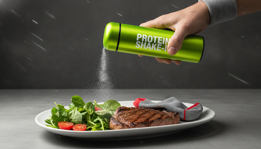 Protein Shake-it Bottle being used on food